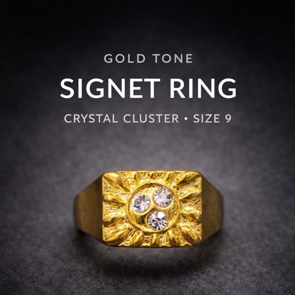 Vintage Style Gold-Tone Signet Ring w/ Crystal Cluster | Size 9